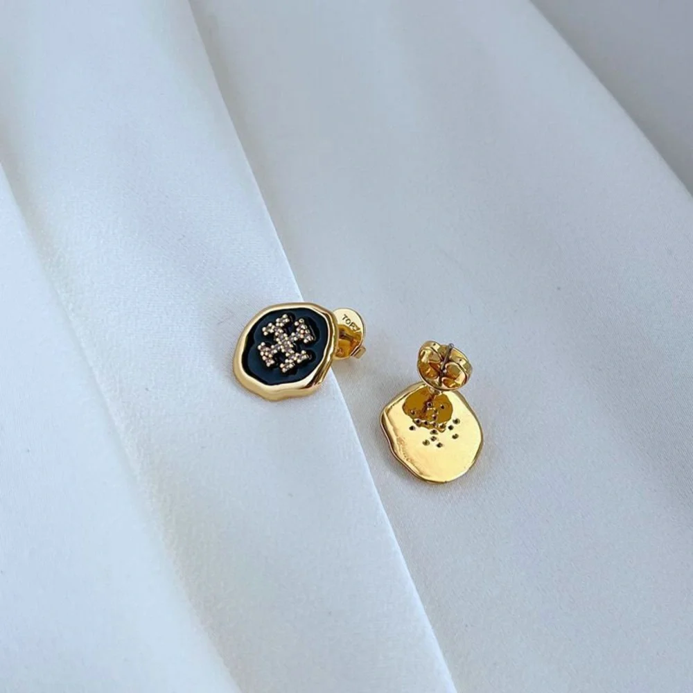 Tory Burch Gold and Black Logo Stud Earrings